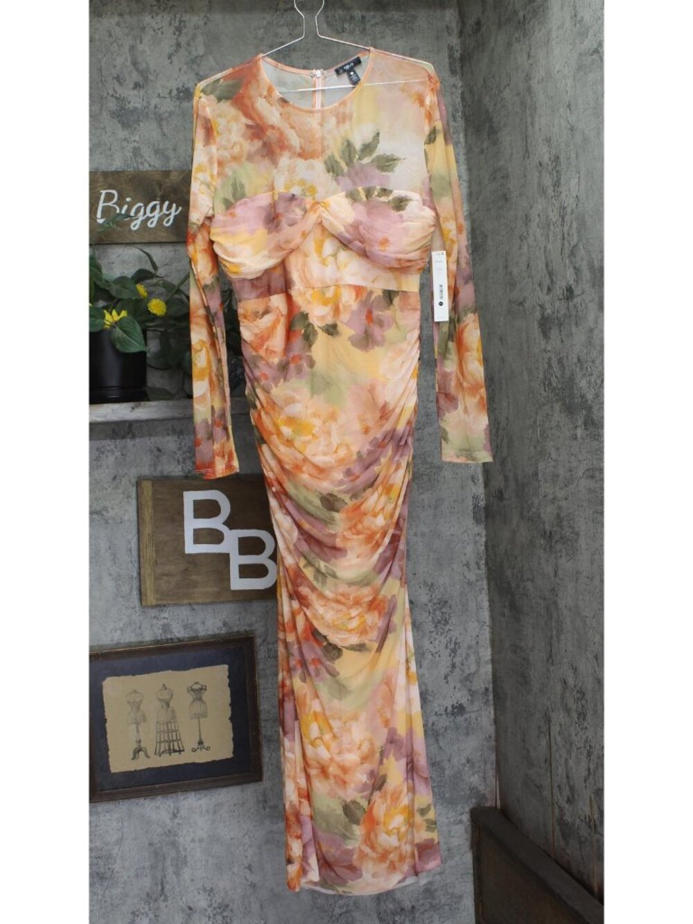 Aqua Womens Mesh Long Sleeve Maxi Dress DC10869BBL Coral Orange Multi 2XL
